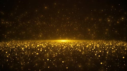 Goldene Partikel bewegen sich, schwarzer Hintergrund, 4k, Goldstreue, Filmmaterial, Partikel, glitzern, Explosion, Gold