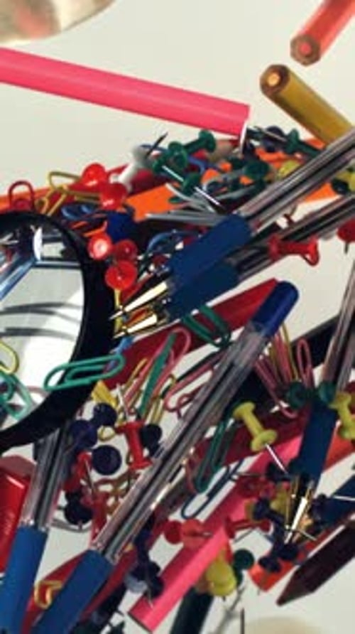 Different School Tools Fly Up and Down Back to School Filmed on a Highspeed Camera at 1000 Fps