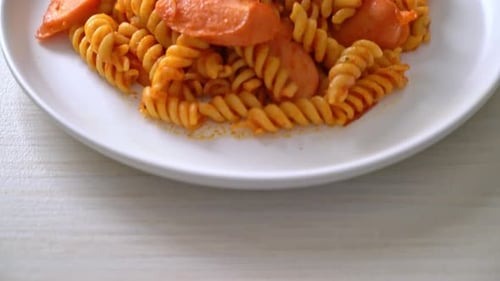 pasta en espiral o en espiral con salsa de tomate y salchicha - estilo de comida italiana