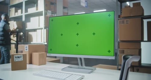La pantalla de la computadora muestra la plantilla de clave de croma en pantalla verde en el centro de clasificación