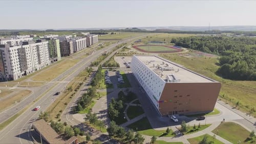 Contemporary Buildings with Parking Area and Sports Ground