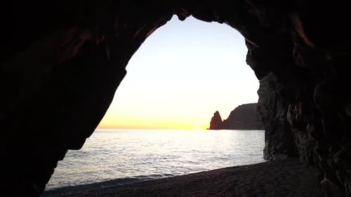 Inside Cave Sunset Ocean Sea View Through Hole