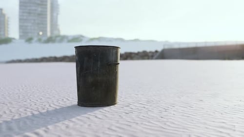 Gray Metal Garbage Bin or Trash Can on the Beach