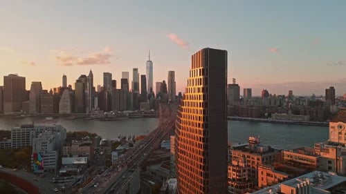 Aerial Perspective of Manhattan From a Drone Flying Near the Brooklyn Bridge The Brooklyn Bridge and