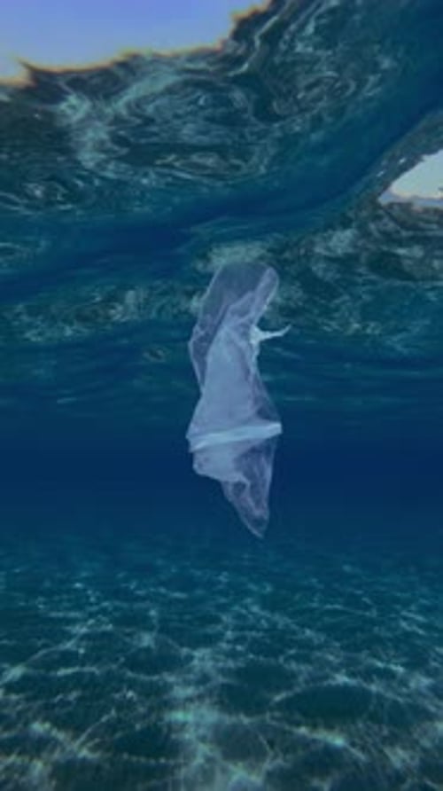 Vieja bolsa de plástico rota flotando bajo el agua sobre un fondo marino arenoso