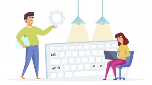 Animated Corporate Team Working with Laptop and Keyboard Flat Design