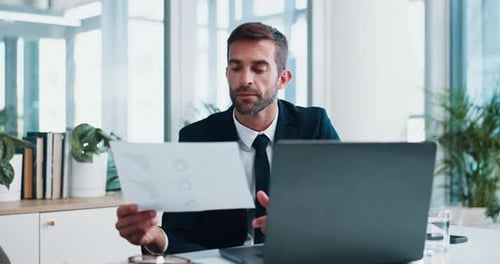 Document, laptop and businessman in office with finance report for online company profit budget