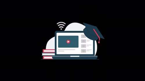 Animated Online Education Concept with Laptop, Books, and Graduation Cap