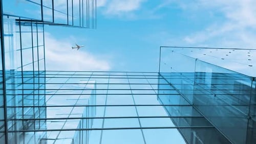 Office Building Outside with Flying Air Plane Background