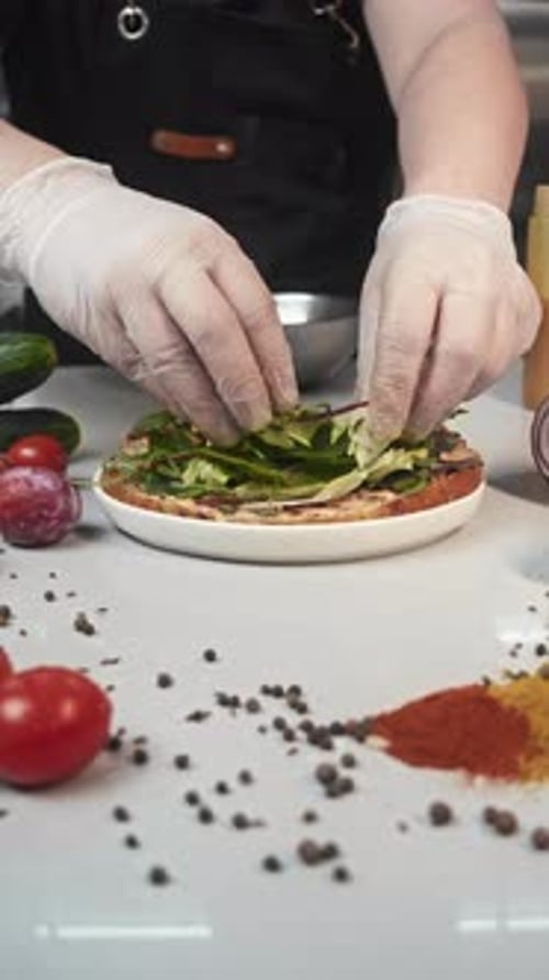 Chef Arranging Food on Plate in Kitchen