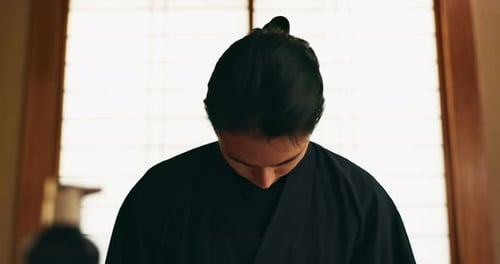 Bow, taekwondo or Asian man in dojo for martial arts for fitness, discipline