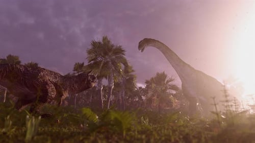 Giant Dinosaurs in Prehistoric Jungle Landscape Animation