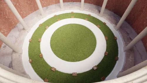 Interior of Circular Building with Columns and Grass Lawn 3d Animation