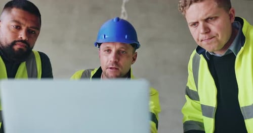 Team, construction site and talk with laptop, management and review for building design