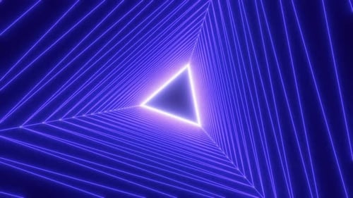 Neondreiecke, abstrakter Neonhintergrund, Flug vorwärts durch einen dreieckigen Korridor. Antrag.