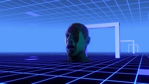 Retro Futuristic Polygonal Head in Neon Grid Environment Loop