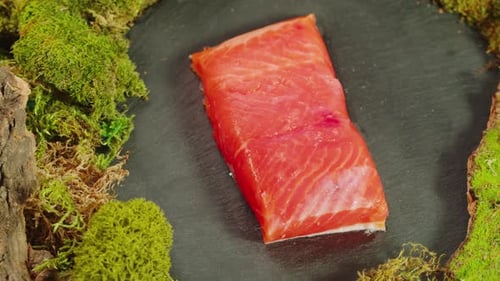 Rotes Fisch-Lachssteak, Fleisch-Nahaufnahme, Forelle oder Lachs, Textur und Makro mit Zitrone und Moos