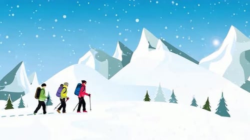 Group of Hikers Trekking through Snowy Mountains Winter - Adventure - Cartoon Animations