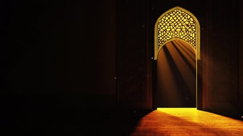 Fond islamique du Ramadan, lumière rayonnante émanant d'une arche islamique