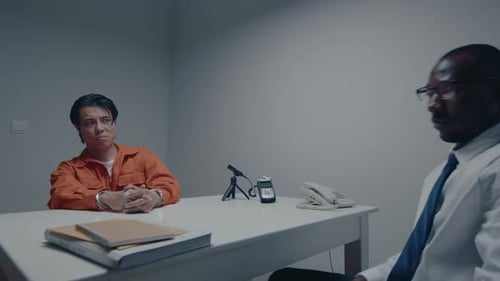 Detective Sitting in Interrogation Room, Interviewing Arrested Man