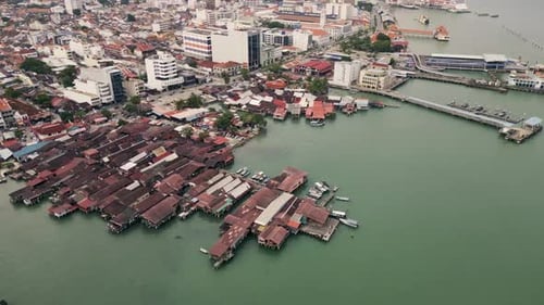 Southeast Asian Tilt Houses at City Sea Port Aerial view at Penang Island George Town