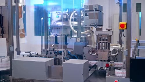 Manufacture of tablets indoors. Modern automatic pharmaceutical equipment. Pharmacy industry.