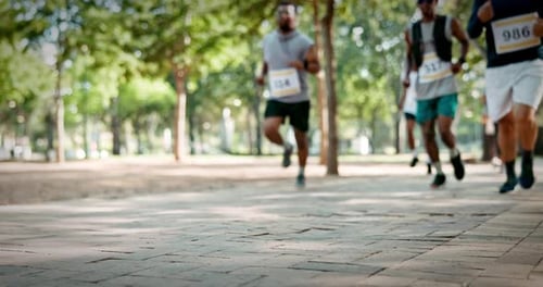Legs, people and marathon competition at park for fitness challenge, sport event and running