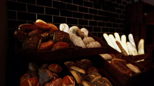 Display of Breads and Pastries in Bakery