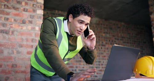 Man, laptop and phone call on construction site for infrastructure, inspection or update planning