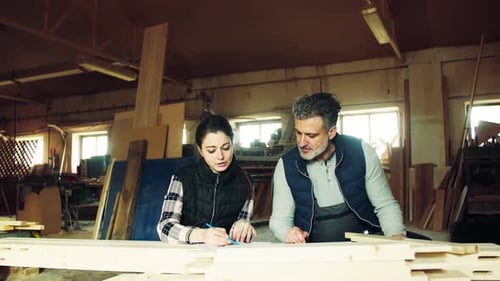 Man and Woman Workers in the Carpentry Workshop, Making Plans