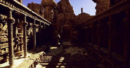 Ruines d'anciens temples baignées par la chaleur du soleil au crépuscule