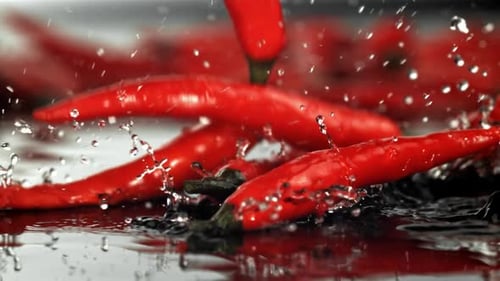 Chilischoten fallen auf eine nasse Oberfläche, gefilmt mit einer Hochgeschwindigkeitskamera mit 1000 Bildern pro Sekunde
