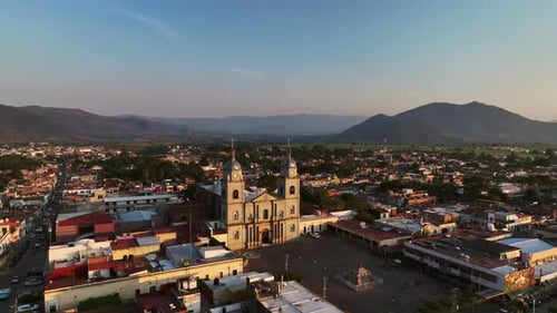 Aerial View Of Templo de San Juan Bautista During Sunset In Tuxpan, Jalisco, Mexico.