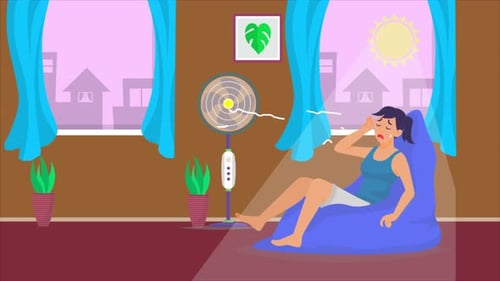 Animated Woman Cooling Down with Electric Fan in Hot Weather
