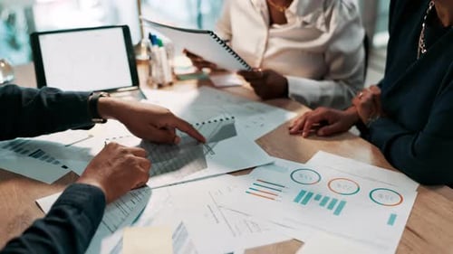 Business, hands and people with documents in office for data analysis, company report