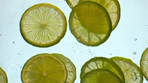 Fresh Lime Slices Floating in Bubbly Clear Water