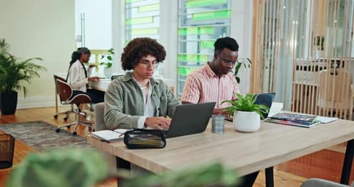 College, student and notes with laptop for education, studying and online for thesis information