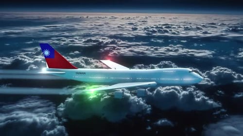 Commercial Airliner Passanger Plane Jumbo Jet Flying At Night Over Clouds With Country Flag Taiwan