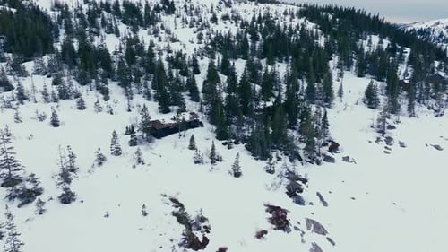 Wooden Cabin In The Mountain With Pine Tree Forest At Winter. - aerial shot