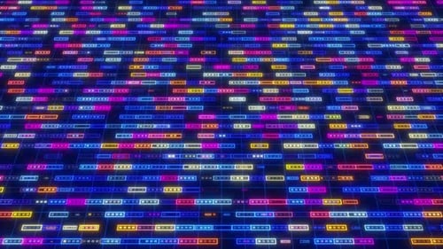 Grille de données numériques abstraites de haute technologie futuriste avec des segments rectangulaires au néon vibrants en rose et bleu