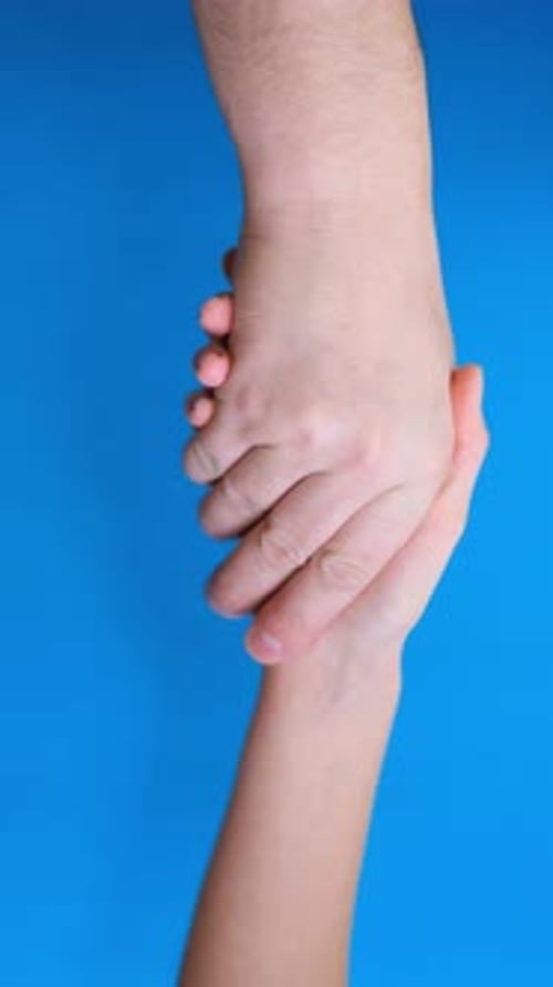 Connected Hands Touch on Blue Background
