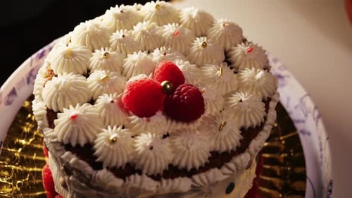 A Slice of Cake with Cream Cheese and Strawberry Closeup Homemade Cake Dessert in Cafe