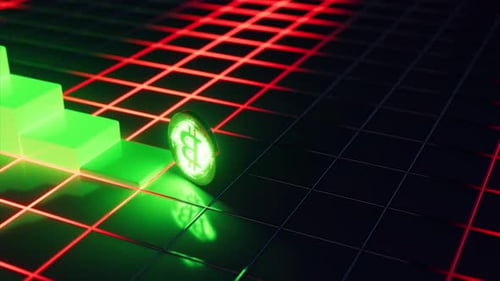Digital Animation of a Glowing Bitcoin Coin Rolling Down a Green Staircase Chart Symbolizing a