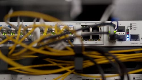 Optical Server and Router of the Data Center Server Room Network Equipment Blinking with Lights on