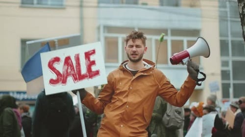 Affiche promotionnelle Guy Wave Man Hold Sale, bannière promotionnelle, affiche promotionnelle, publicité à prix réduit