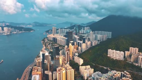Panoramic Aerial View of Hong Kong's Coastal Urban Landscape