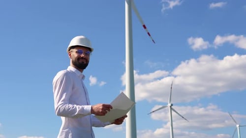 Engineer Maintains and Controls Wind Turbine Energy Generation on the Background of Windmills Wind