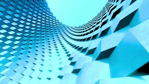 Perspectiva arquitectónica abstracta dinámica con patrones geométricos fluidos y una luz azul fría que crean