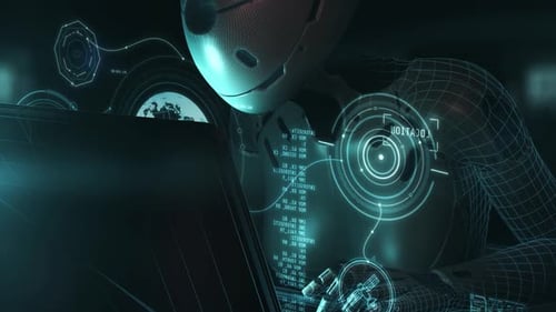 Roboter nutzt Laptop mit Hologramm Künstliche Intelligenz bei der Arbeit