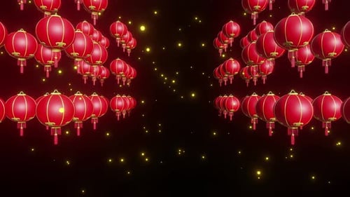 Floating Chinese Red Lanterns With Golden Particles Festive Background Loop
